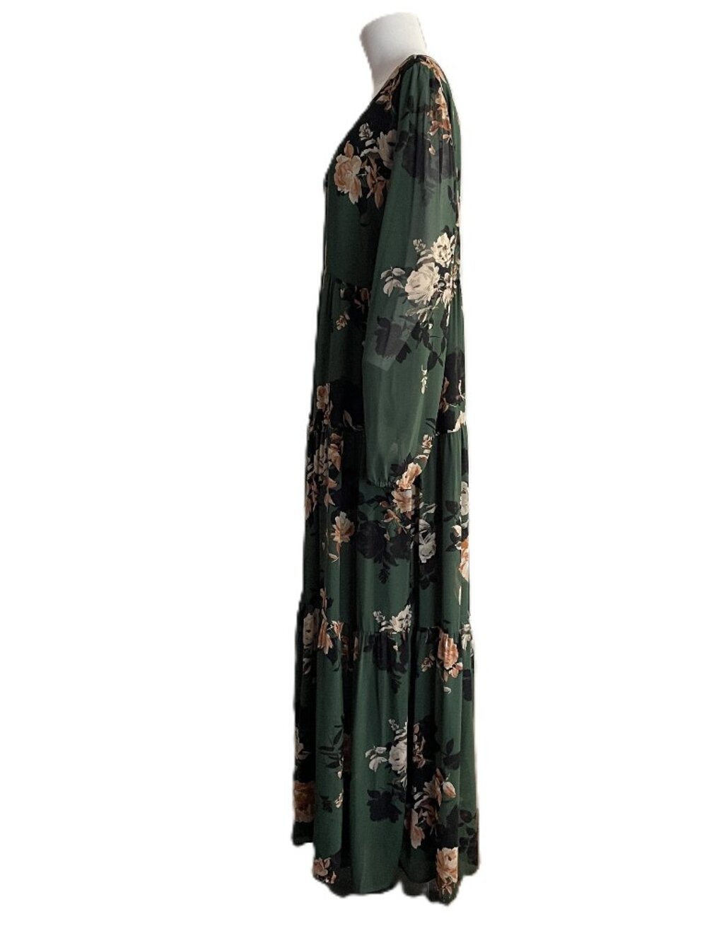 Sugarlips Dress XL Green Tiered Floral Long Sheer Sleeve Maxi Lined Graceful - Picture 3 of 14